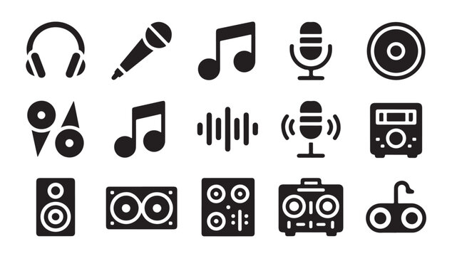 Set of music and audio icons dj equipment, microphones, headphones, speakers, and notes.