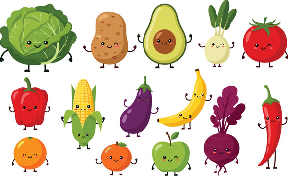 Kawaii fruit and vegetable character set featuring cute cabbage potato avocado tomato cucumber corn banana apple and chili icons.