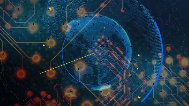 Upon load central blue data globe sweeping yellow pointer, pulsing orange nodes, showing scan loop