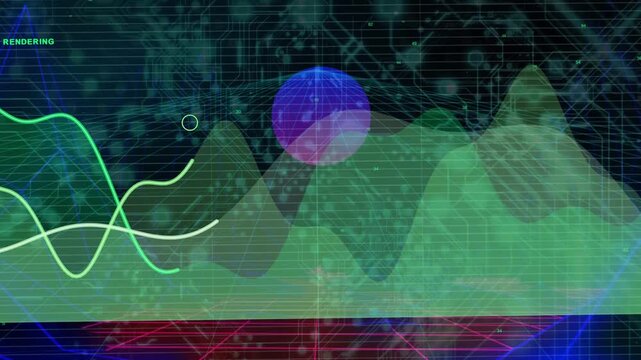 Purple orb hovering above area chart neon waves entering left cursor riding peaks showing trends