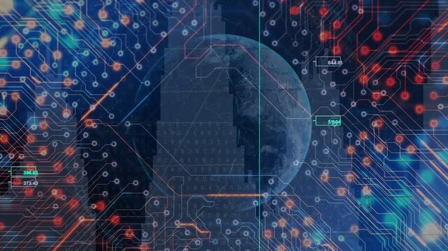 Hex HUD starting, stylized Earth globe centering while graphs, nodes, tags drawing for monitoring