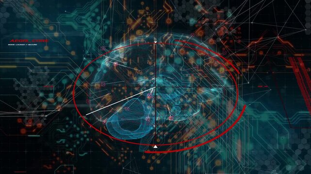 Red oval arc appearing, cyan holo brain running radial sweep and lighting nodes, visualizing scan