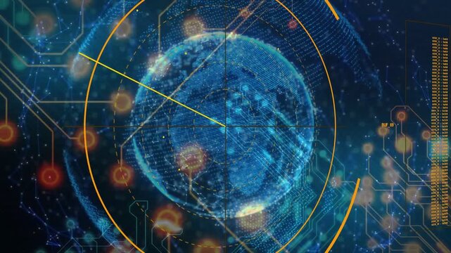 Yellow radial sweep starting, glowing globe rotating and scanning nodes, showing system status