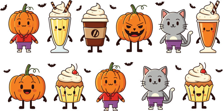 Kawaii Halloween character set featuring cute pumpkin jack-o-lantern cat cupcake milkshake and coffee icons with bats for stickers.