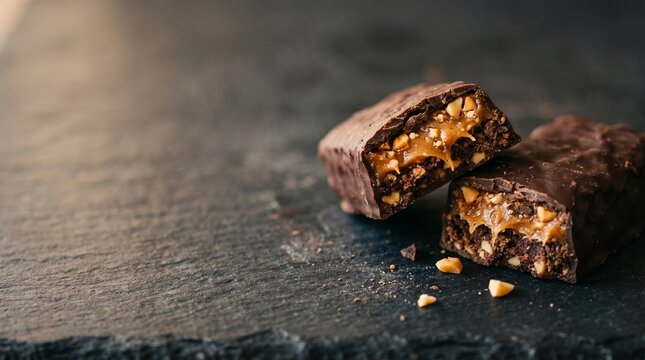 Broken chocolate protein bar with caramel and nuts on a dark stone slab