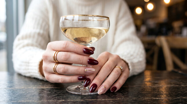 Woman holding a glass of champagne with elegant manicure and rings in a restaurant