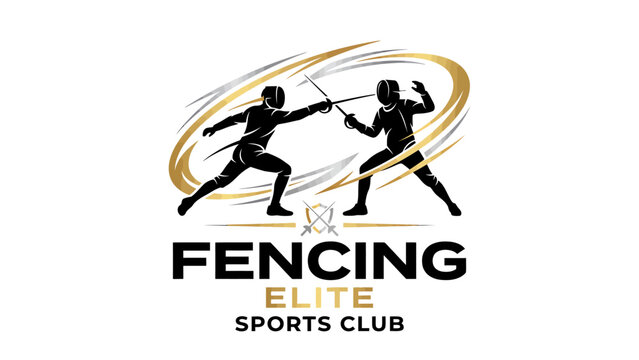 A dynamic logo for 'FENCING ELITE SPORTS CLUB' featuring two fencers in action with swords, set against a backdrop of golden, swirling graphic elements.