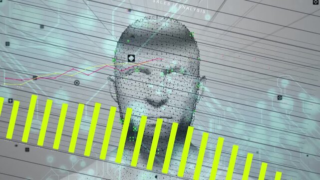 Rising yellow slats starting overlay while dot head showing nodes, obscuring face, showing data