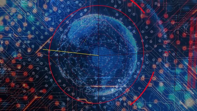 HUD globe starting with yellow scan line rotating revealing lands expanding red arcs for monitoring