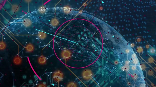 Digital globe, magenta HUD starting cyan sweep clockwise, rotating while nodes pulsing to map nodes