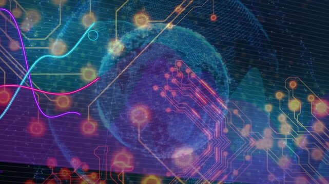 Circuit traces brightening, glass globe rotating while waveforms sweeping, showing data growth