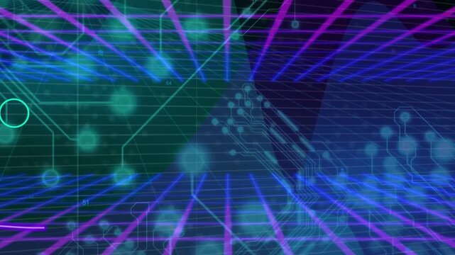 Sequence starting magenta-blue grid forming, teal circuit pulsing, neon curves rising showing data