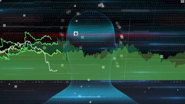 Data markers appearing mesh head shifting charts animating and mapping face nodes to visualize data