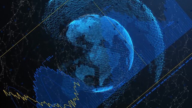 On data ping, dot-cloud globe rotating left, panels sliding, yellow graph rising, showing data