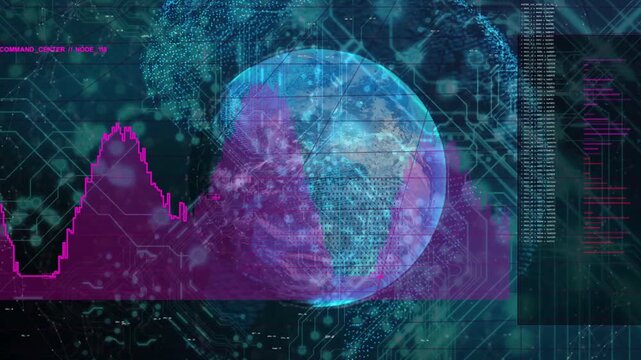Magenta baseline appearing area graph rising and forming twin peaks globe rotating visualizing data