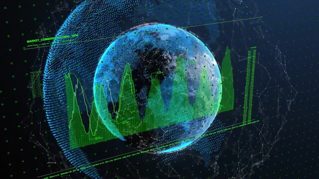 On data load central holo globe rotating while green charts growing and building showing analytics