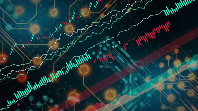 Data viz starting with dark teal nodes, bars sliding, lines zigzagging, nodes pulsing, showing data