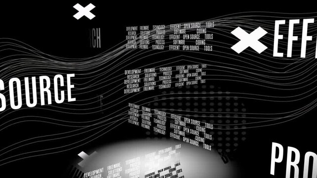 Spotlight appearing starts BW 3D typographic stack rotating and flipping to emphasize open source
