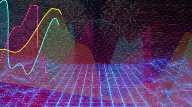 Neon grid receding, blue ripples brightening, cyan magenta yellow lines rising across data peaks