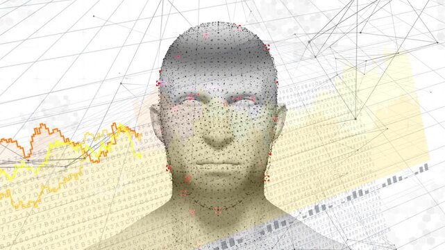 Data lines entering left crossing face as dot head forming then fading, showing analytics takeover