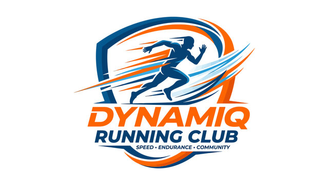 Dynamic running club logo with a stylized runner in motion, featuring blue and orange colors and speed lines.