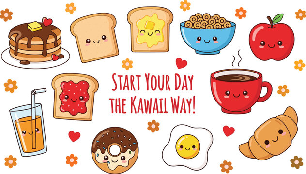 Cute kawaii breakfast food character collection featuring pancakes toast cereal apple coffee donut croissant and egg vector icons for stickers.