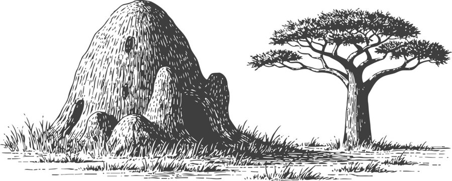 termite mound and acacia tree in savannah landscape hand drawn nature sketch of insect habitat and tree silhouette