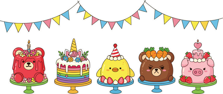 Kawaii birthday cake collection featuring cute animal themed cakes like bear unicorn chick and pig with party bunting decorations.