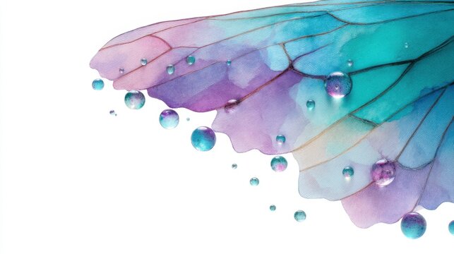 Extreme macro watercolor illustration of a butterfly wing edge, iridescent scales in teal and violet, crystal clear dewdrops resting on the surface