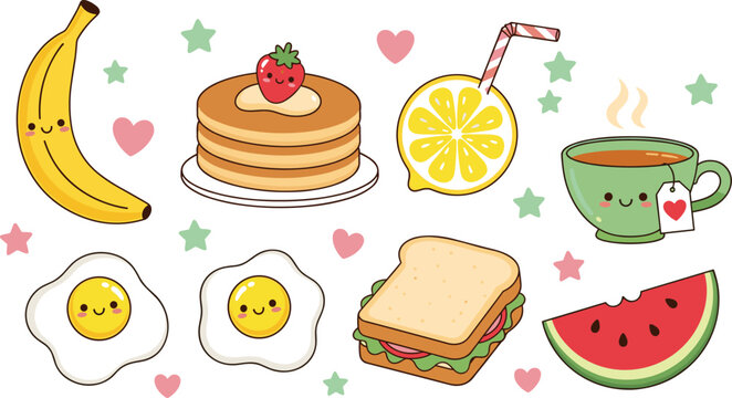 Kawaii breakfast food character set with cute pancakes banana fried eggs tea sandwich lemon and watermelon icons for stickers.