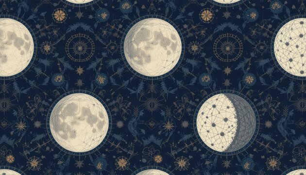 Seamless pattern featuring abstract moon phases and celestial geometric elements