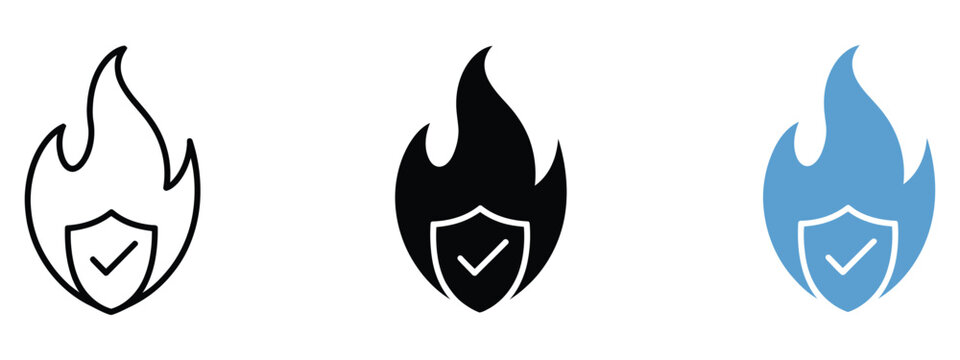 Secure fire icons featuring shield protection, flame symbols, hazard warnings, and safety concepts, vector illustration set ideal for industrial safety