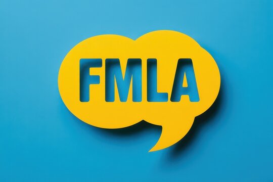 FMLA acronym for Family and Medical Leave Act in a yellow speech bubble cutout on a blue background