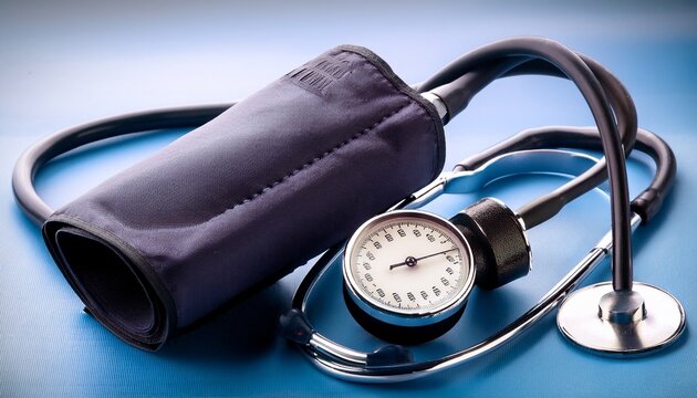 close up of blood pressure check using stethoscope and cuff representing healthcare medical diagnosis heart health and monitoring