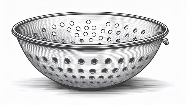 a simple line drawing of a colander with circular holes on a white background in a minimalist style