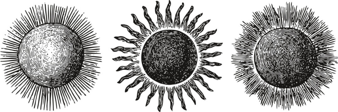 Vintage sun illustrations set circular celestial designs, radiant rays, hand drawn sketch style, cosmic symbols, ornamental sunburst elements