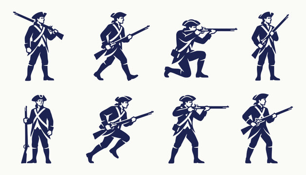 Silhouette set of colonial soldiers with muskets for historical heritage design