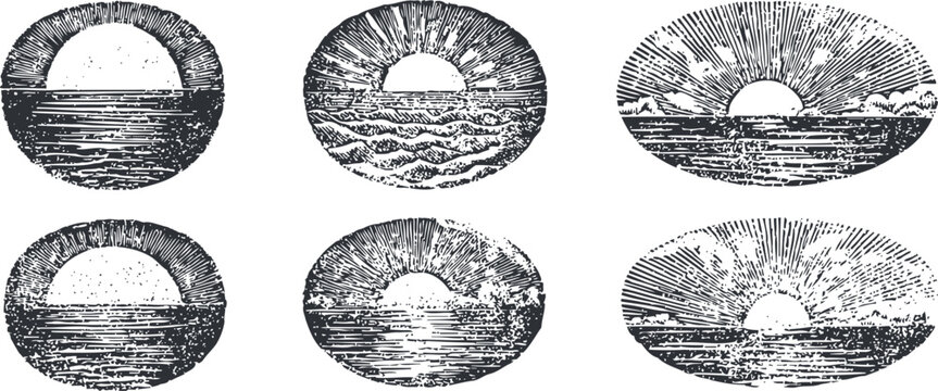 Vintage sunrise engraving set sunset sea horizon sky sun rays clouds ocean retro design elements vector illustration