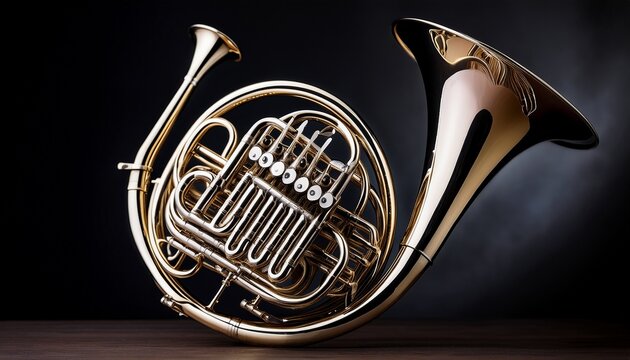 close up of a polished black french horn against a dark background