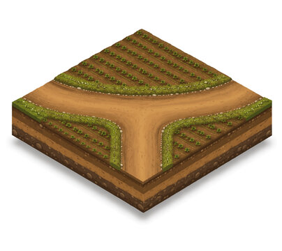 Isometric 3D game asset of a rural farm landscape featuring a dirt road T-junction, agricultural crop rows, and layered soil, isolated on a white background.