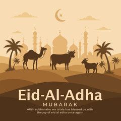 Vector Eid aladha mubarak greeting card with camel, cow and goat in desert