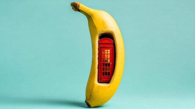 Surreal Communication: A Miniature London Phone Box Inside a Banana Shell