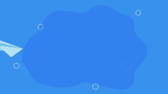 Minimalist paper plane animation soaring across blue abstract liquid background with geometric circles.