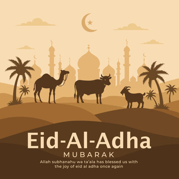 Vector Eid aladha mubarak greeting card with camel, cow and goat in desert