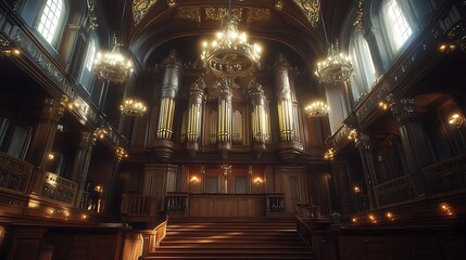 Fototapeta premium Majestic Grand Pipe Organ Inside a Historic Cathedral with Warm Golden Lighting.