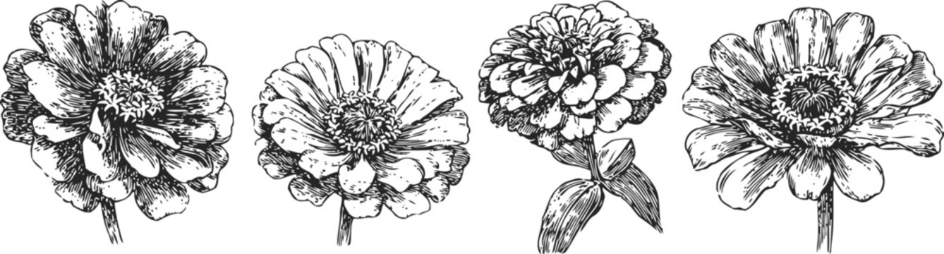 Hand drawn zinnia flowers zinnia floral sketches with detailed petals leaves botanical garden vintage engraving black and white drawing