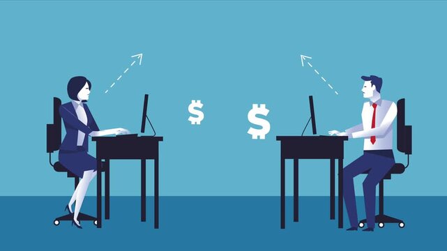 Business people working on computers with dollar signs floating between them representing financial transactions.