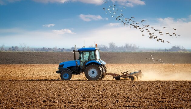 a blue tractor ploughs a dry field while birds follow behind to feed on insects showing mechanized farming rural agriculture and natural ecosystem balance