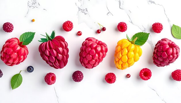 Assortment of ripe red and yellow raspberries and blueberries scattered across a textured white marble surface, fresh healthy fruit