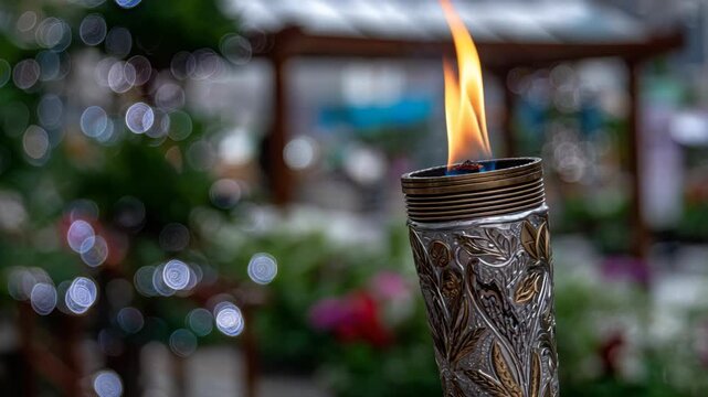 Flickering flame in decorative metal holder outdoors